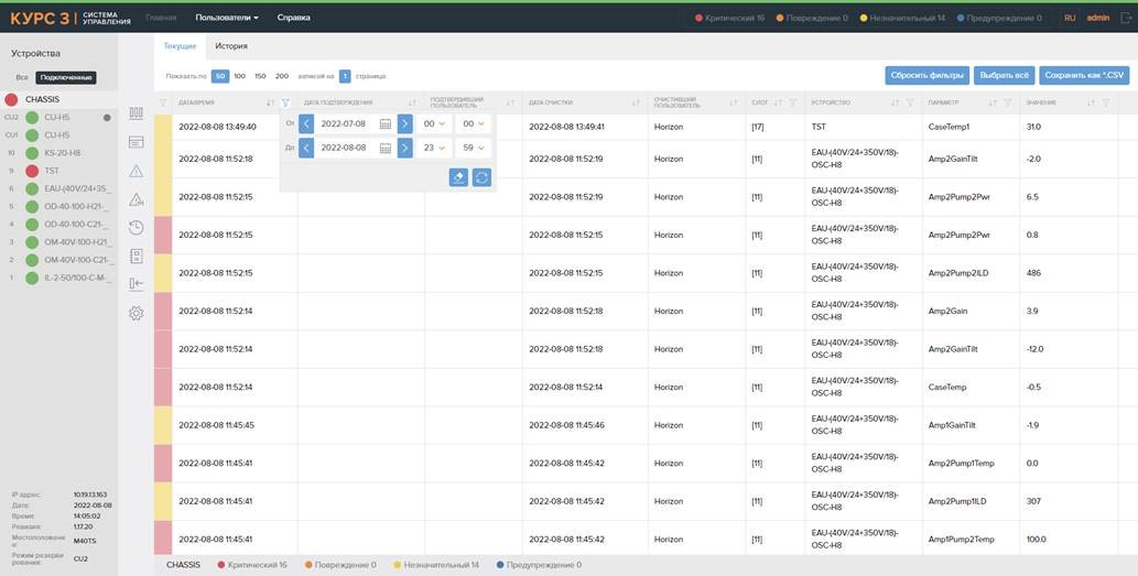 Интерфейс диспетчерской части системы управления ВПО КУРС