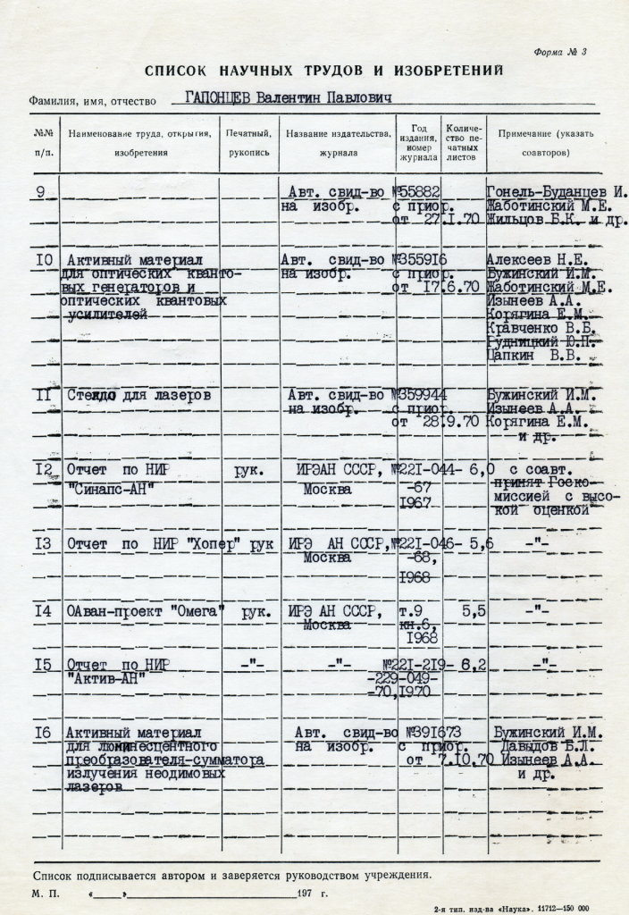 Список научных публикаций Гапонцева 1967-1970 (ч. 2)